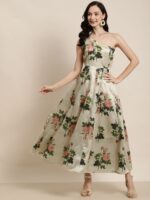 Beige & Peach-Coloured Floral One Shoulder Layered Maxi Dress