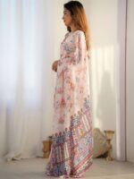 ODETTE Women Off White Chinon Printed Saree With Unstitched Blouse - Image 3