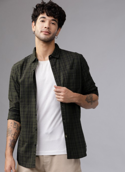 Screenshot-2025-05-16-150336.png Olive Green & Black Slim Fit Checked Casual Shirt - Image 1