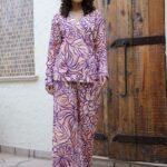 Printed Pure Cotton V-Neck Top With Flared Trouser
