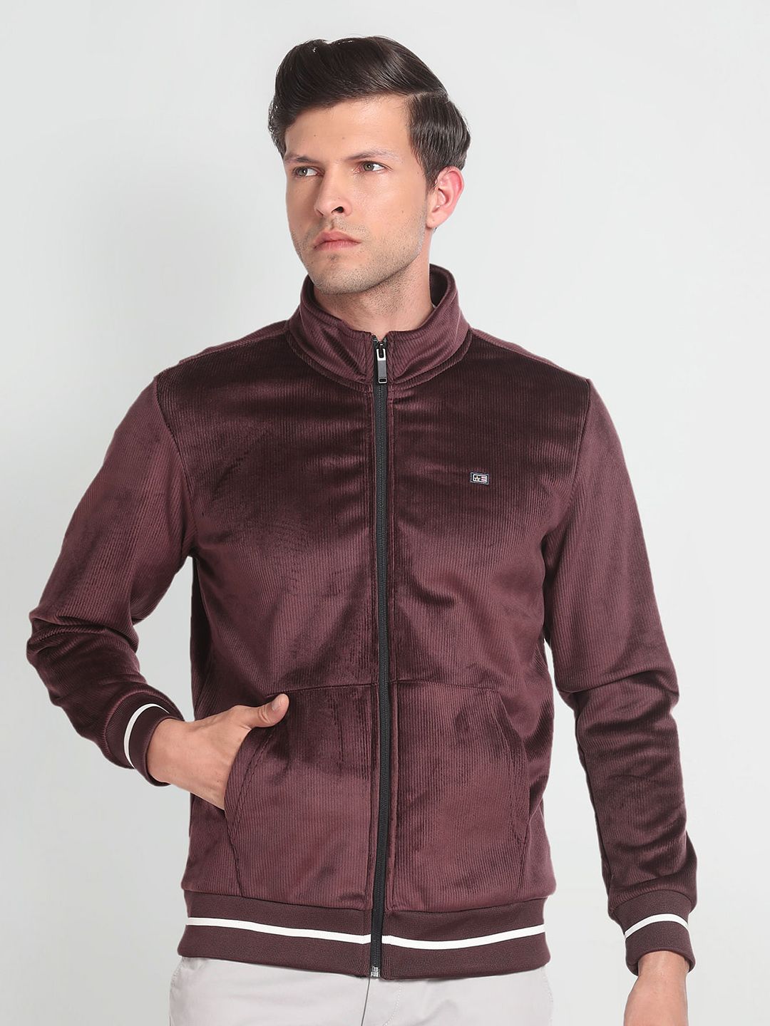 eda0ac29-a254-4231-8ca4-d2199cb7340d1700052347053ArrowSportMenRedSweatshirt1.jpg Striped Mock Collar Long Sleeve Zip Detail Bomber Jacket - Image 1