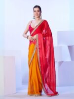 ODETTE Odette Mustard And Pink Satin Lace Work Saree With Unstitched Blouse For Women