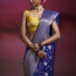 Dressfolk Ink Blue Woven Design Banarasi Silk Cotton Saree With Zari Border & Floral Butta