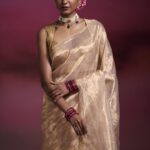 Dressfolk Chanderi Tissue Saree in Light Gold with Gold Border