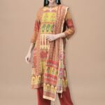 Women Liva Mustard Mughal Print Kurta Comfort Pant Dupatta