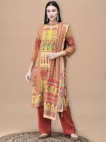 Women Liva Mustard Mughal Print Kurta Comfort Pant Dupatta