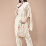 Women Muslin Cream Placement Print Kurta Comfort Pant Dupatta