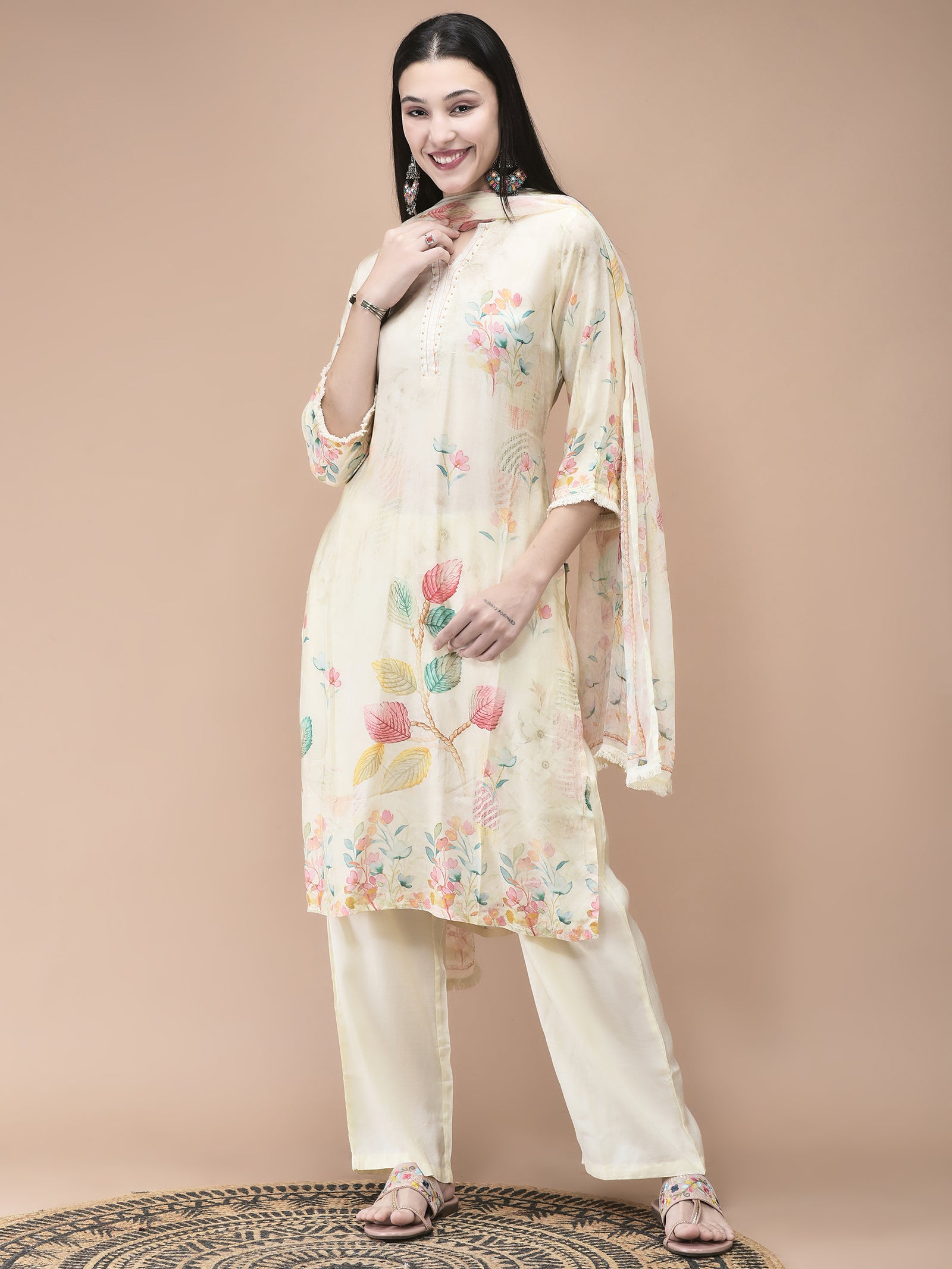s#13 Women Muslin Cream Placement Print Kurta Comfort Pant Dupatta - Image 1