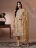 Women Organza Mustard Embroidered Kurta Comfort Pant Dupatta