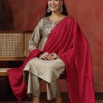 Women Silk Blend Beige Embroidered Kurta Comfort Pant Dupatta