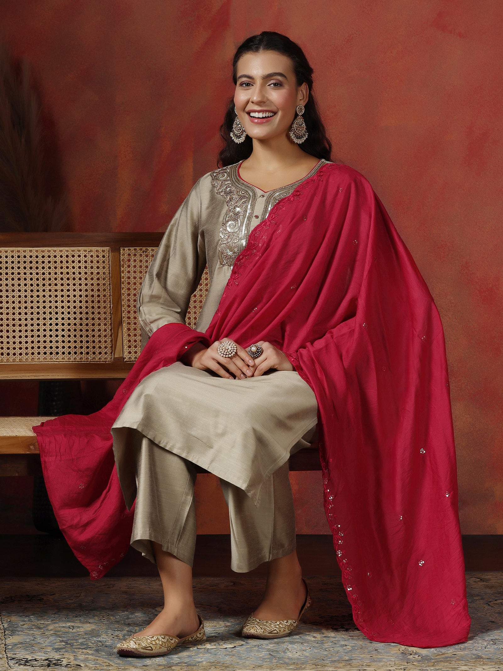 s#3 Women Silk Blend Beige Embroidered Kurta Comfort Pant Dupatta - Image 1