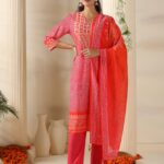 Women Chanderi Pink Bandhani Print embroidered Kurta Comfort Pant Dupatta