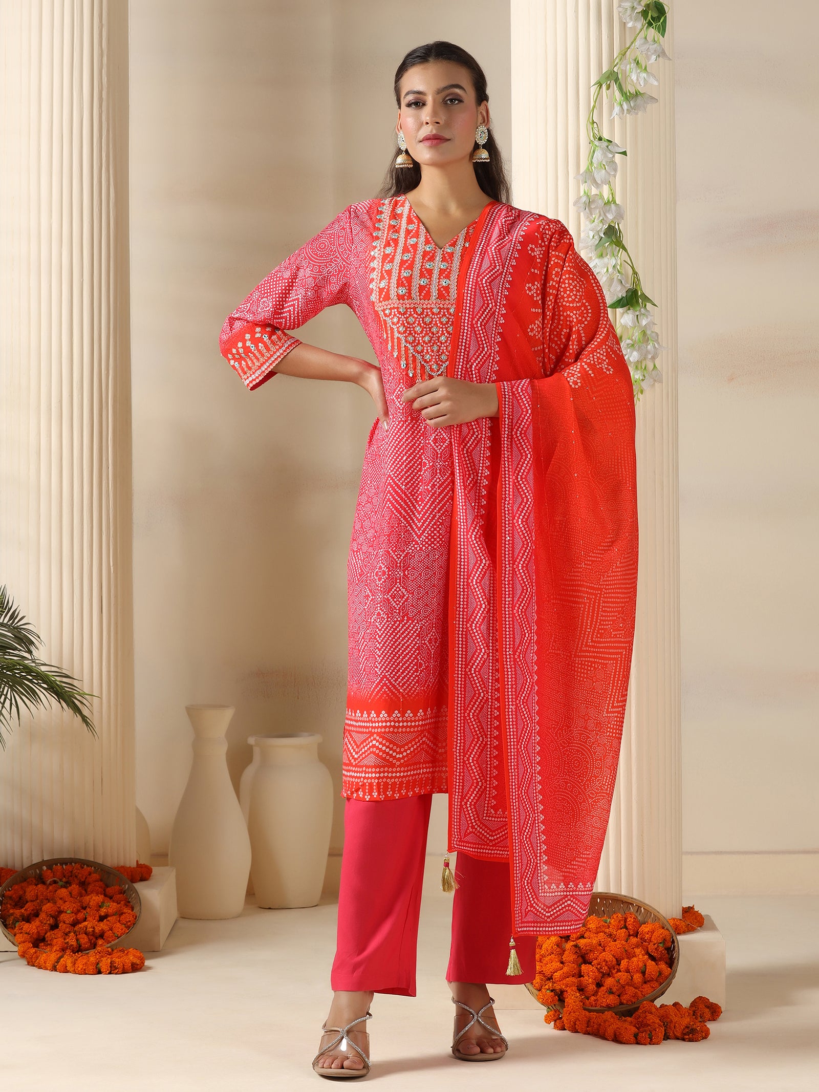 s#7 Women Chanderi Pink Bandhani Print embroidered Kurta Comfort Pant Dupatta - Image 1